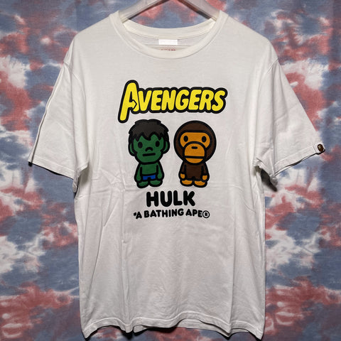 Bape milo x marvel Avengers hulk logo tee white size L 猿人白色hulk
