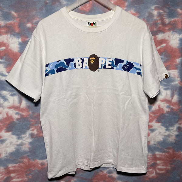 Bape ABC blue camo stripe logo tee white size M 白色藍色猿人迷彩條 tee