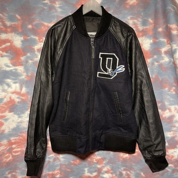 Denham jeans varsity wool jacket leather sleeve size M black navy 黑色真皮袖深藍色羊毛棒球䄛