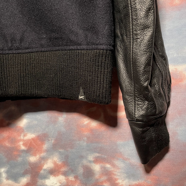Denham jeans varsity wool jacket leather sleeve size M black navy 黑色真皮袖深藍色羊毛棒球䄛