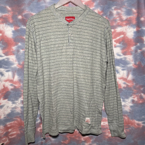 Supreme Stripes Henley l/s Tee long sleeve green size M 綠色橫間扣鈕長袖tee