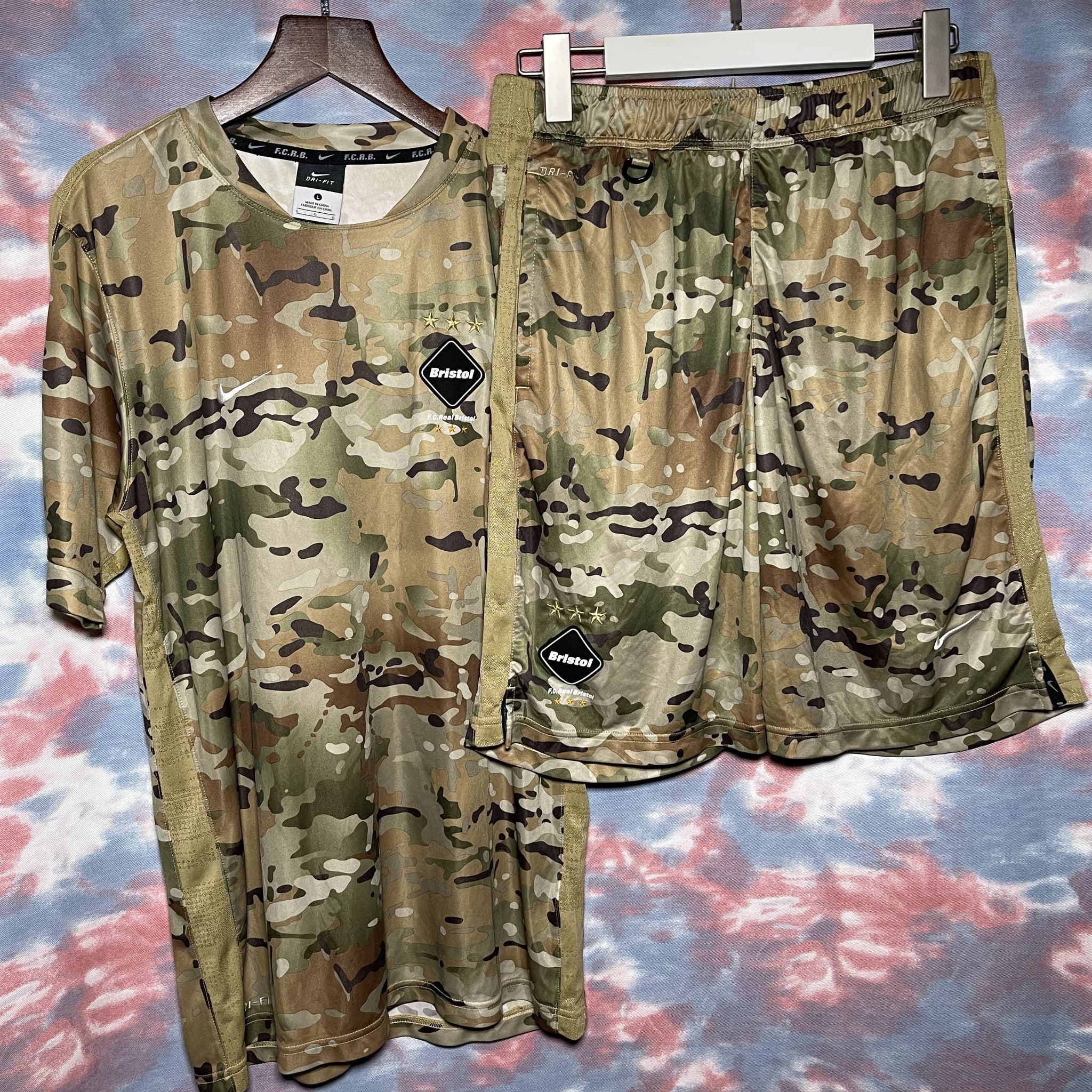 FCRB x nike dri-fit flash tee top and shorts yellow gold camo size