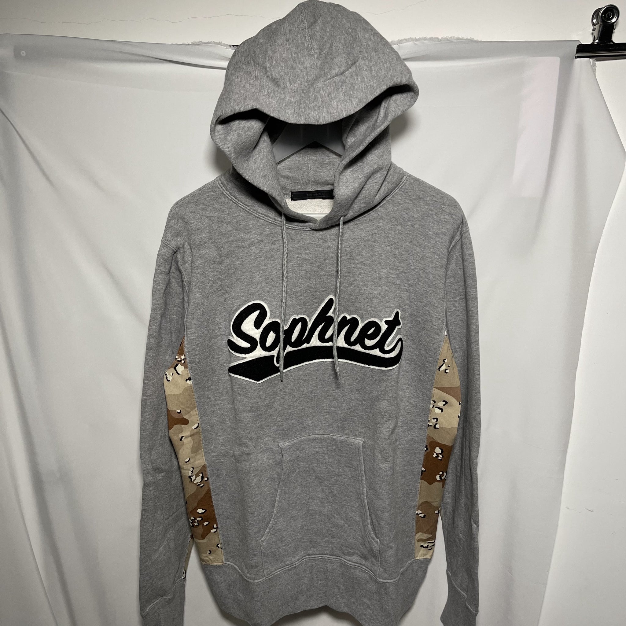 Sophnet Logo Camo Panel Hoodie Size M soph 灰色抓毛迷彩拼布有帽