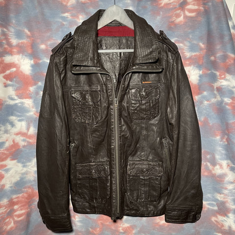 Superdry zipup leather jacket dark brown 深啡色極度乾燥拉鏈軍䄛款皮䄛