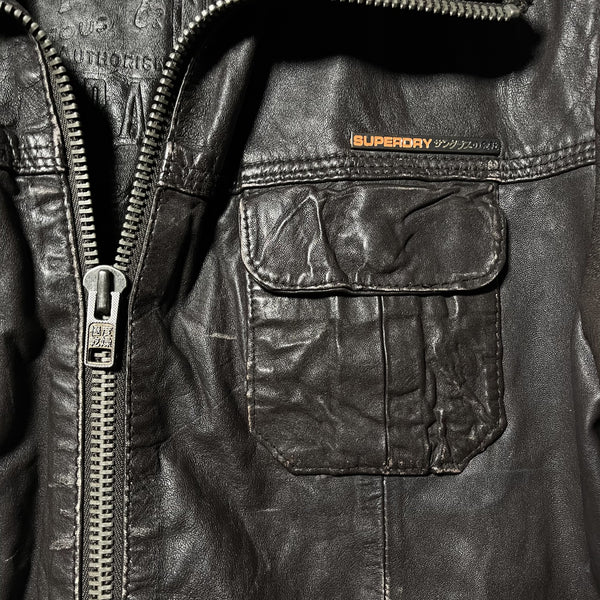 Superdry zipup leather jacket dark brown 深啡色極度乾燥拉鏈軍䄛款皮䄛