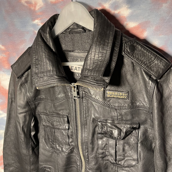 SuperDry Black Leather Jacket zipup 黑色拉鏈多袋皮䄛