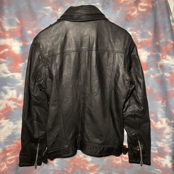 SuperDry Black Leather Jacket zipup 黑色拉鏈多袋皮䄛