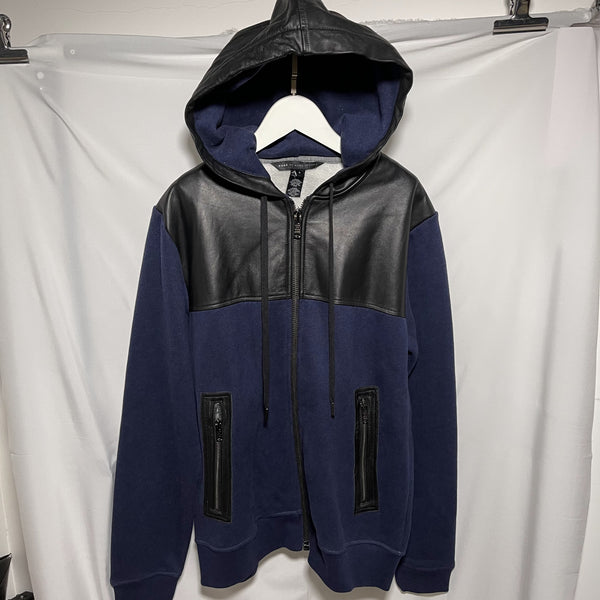 marc by marc jacobs fleece leather full zip jacket coat size S MJ 藍色抓毛黑色皮革拉鏈有帽外套