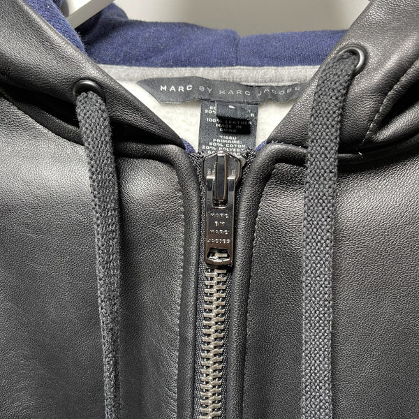 marc by marc jacobs fleece leather full zip jacket coat size S MJ 藍色抓毛黑色皮革拉鏈有帽外套