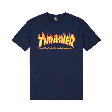 Thrasher Flame Logo T-Shirt - Navy Blue  White